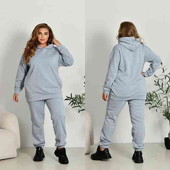 Жіночий прогулянковий костюм: худі та штани батал у спортивному стилі тринитка на флісі Сірий, 60/62 Одеса