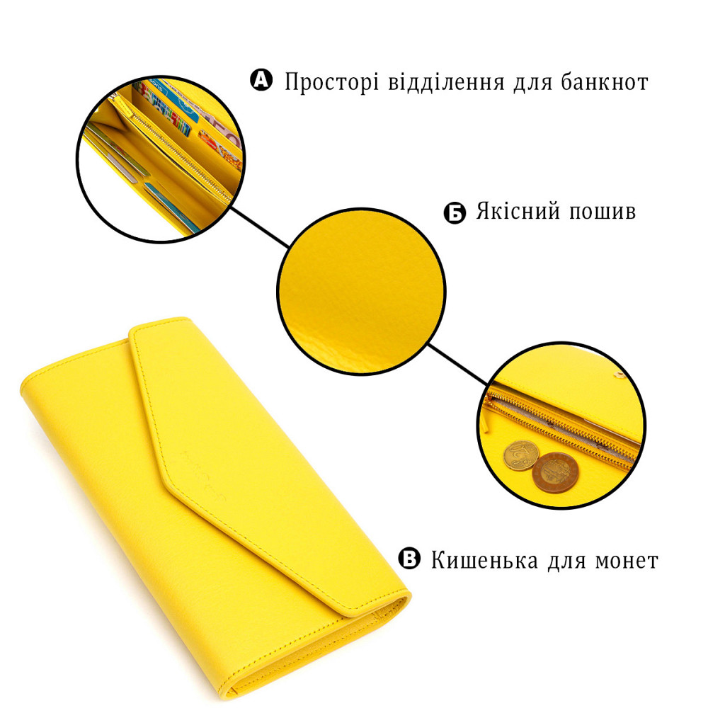Яскраве жіноче велике портмоне з натуральної шкіри Жовтий (Tony Bellucci) Київ - фото 8