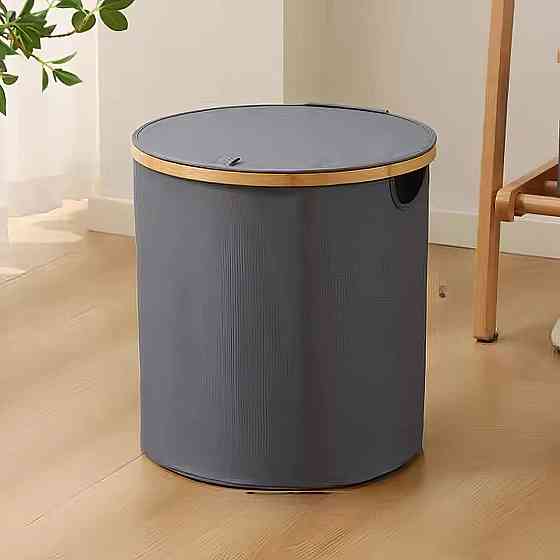 Корзина для белья складная с крышкой и бамбуковыми ручками,серая Каменец-Подольский