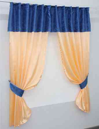 Кухонные шторы VR-Textil № 073к с ламбрекеном и подхватами персиковый с синим 270х170 см (52-0187) Киев