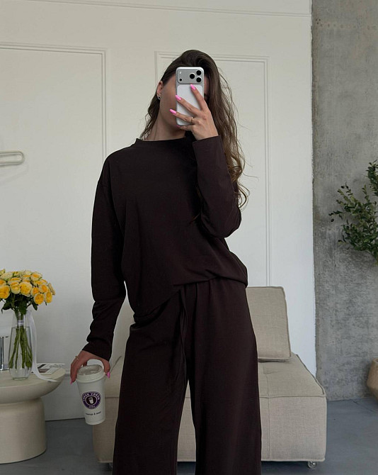 Женский стильный повседневный костюм двойка качественный турецкий кулир Шоколад Одесса - изображение 3