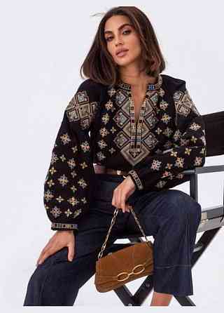 Жіноча сучасна вишиванка з об'ємним рукавом домотканий льон Чорний, 46 Одеса