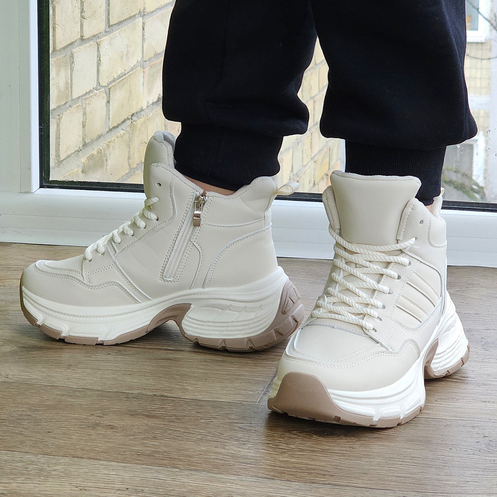 Зимові жіночі Бежеві Кросівки з МЕХОМ на Толстой Підошві Танкетке Ботинки Шкіряні Світлі (розміри: 36,37,38,39) Дніпро - фото 5