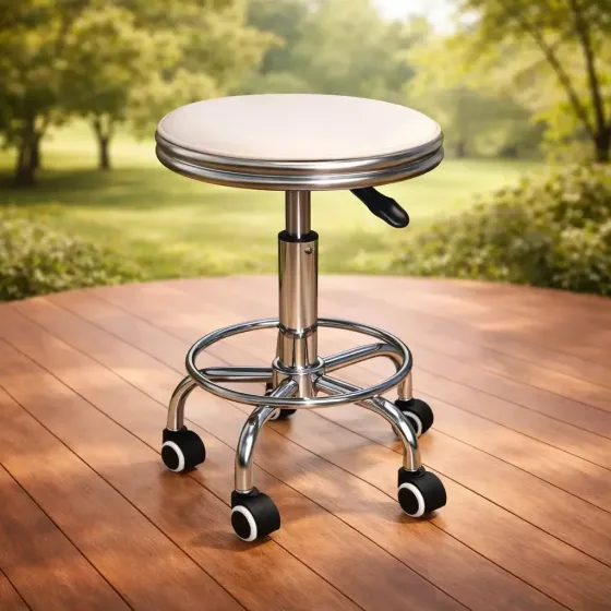 Стул косметологический без спинки на колесах с подставкой для ног, регулировка высоты Слоновая кость Киев