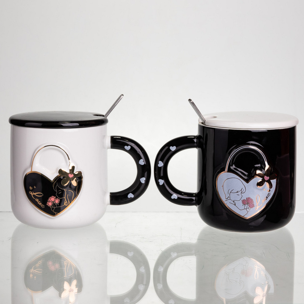 Yiwu Набір парних порцелянових чашок із серцем 2 (шт) по 400 (мл) чашки на подарунок із кришкою Коломия - фото 1