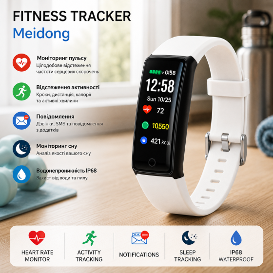 Фитнес-браслет Meidong Fitness Tracker HR 0,96″, пульсометр, IP68, Bluetooth 4.0, 14 спортрежимов, белый Киев
