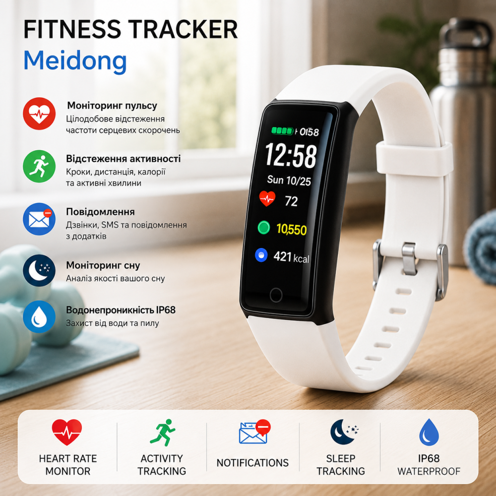 Фитнес-браслет Meidong Fitness Tracker HR 0,96″, пульсометр, IP68, Bluetooth 4.0, 14 спортрежимов, белый Киев - изображение 3