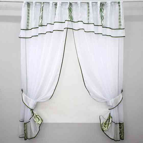 Кухонные шторы (280х170см) с ламбрекеном, на карниз 1-1,5м цвет белый с зеленым 00к 59-521 Киев