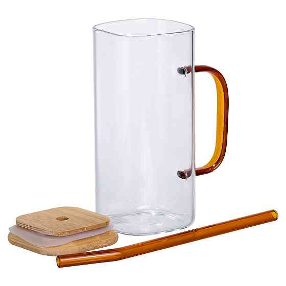 Yiwu Скляна чашка 400 мл з бамбуковою кришкою і золотистою трубочкою HP-19-146GOLD Коломия