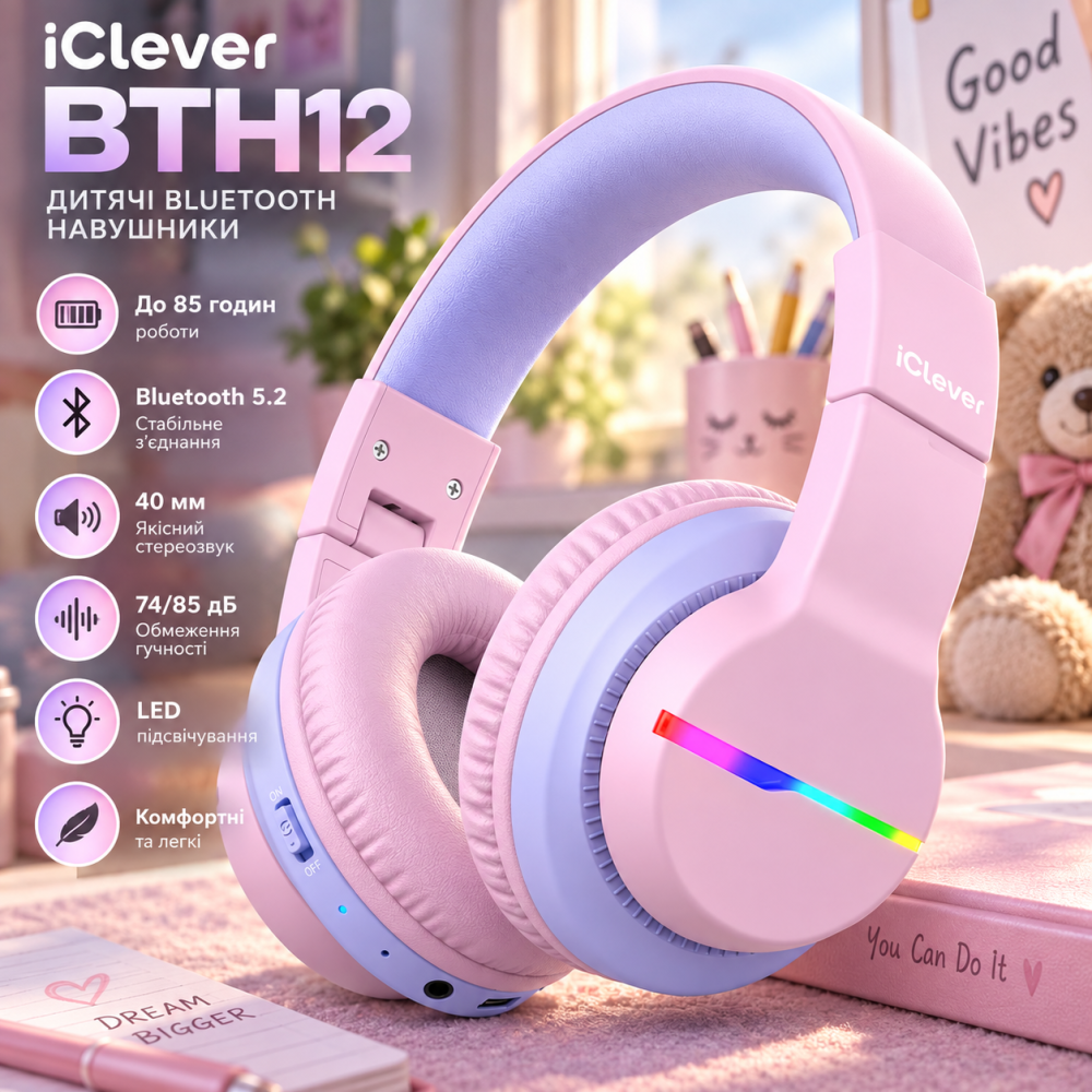 Детские Bluetooth-наушники iClever BTH12, 85 часов работы, Bluetooth 5.2, LED-подсветка, 40 мм, ограничение 74/85 дБ, розовые Киев - изображение 8
