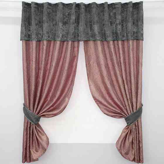 Кухонные шторы VR-Textil № 073к с ламбрекеном и подхватами розово-золотистый с серым 270х170 см (52-0365) Киев