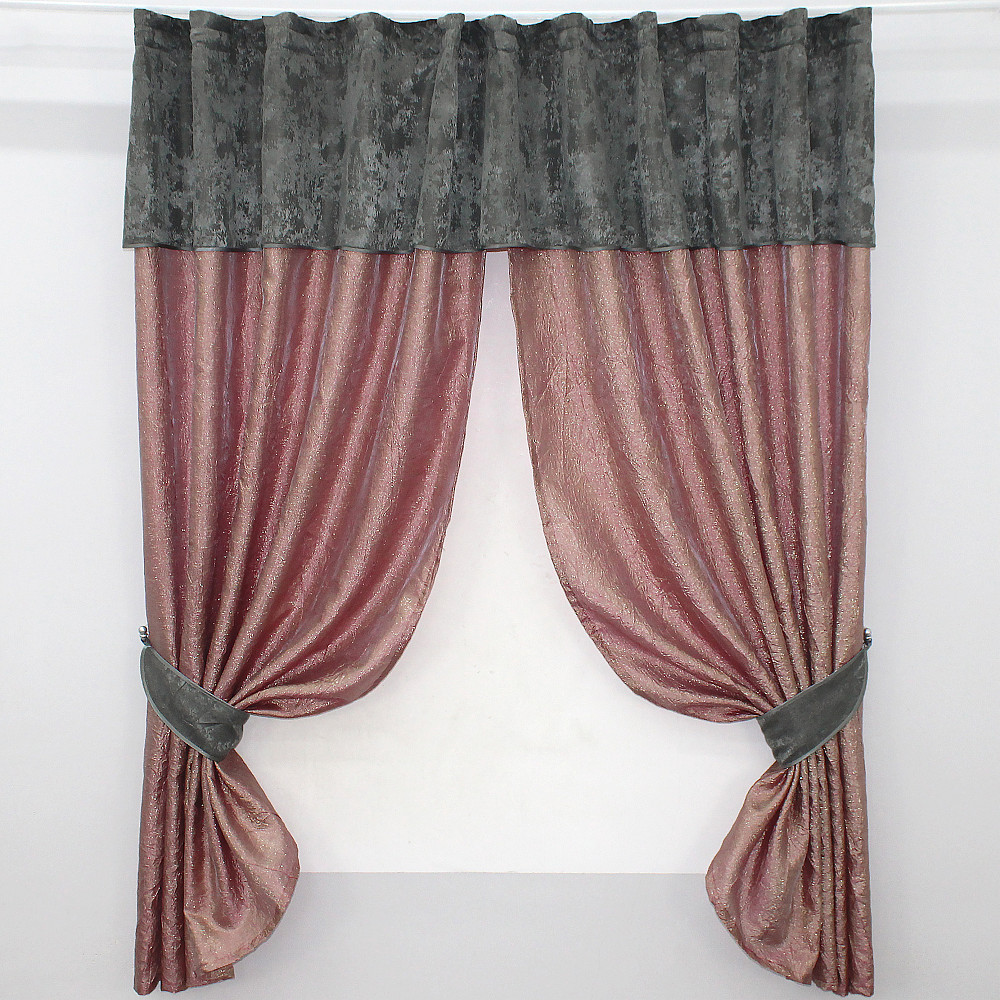 Кухонные шторы VR-Textil № 073к с ламбрекеном и подхватами розово-золотистый с серым 270х170 см (52-0365) Киев - изображение 1