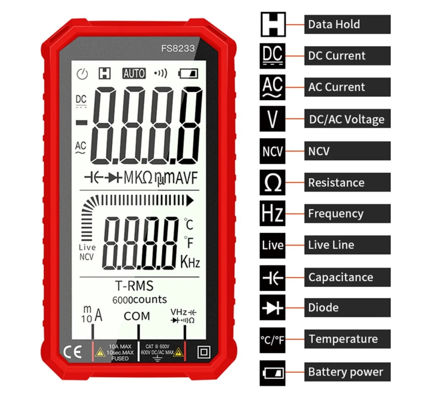 Тестер цифровой автоматический FS8233 6000бит мультиметр + термопара и фонарик 2хААА Винница - изображение 2