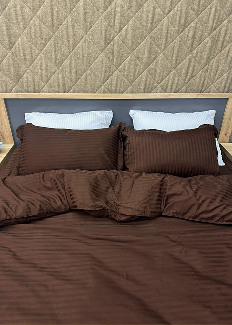 Комплект постільної білизни Страйп-сатин Двоспальний 180х220 з простирадлом на резинці Шоколадний (88-185) Київ - фото 5