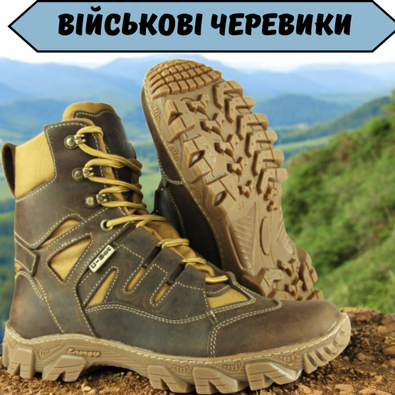 Чоловічі військові черевики коричневі, демісезонні, натуральна шкіра, посилена п’ятка, амортизаційна підошва Львів