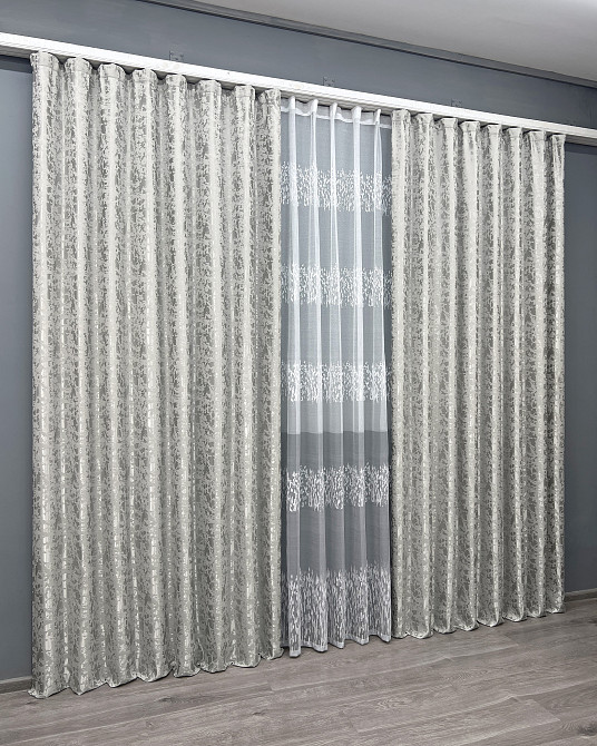 Комплект штор VR-Textil Льон Мармур 100х270 2шт і Тюль 300х270 1263ш-1675т Світло-сірий з білим 71-168/1 Київ - фото 3