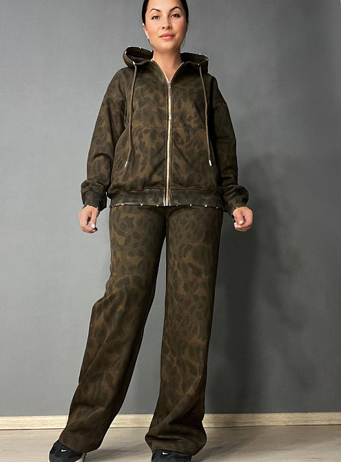 Костюм женский A-N 2749 леопардовый принт худи на молнии с капюшоном и брюки палаццо коричневый, коричневый, L Киев - изображение 11