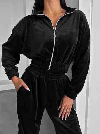 Жіночий прогулянковий костюм-двійка: зіп кофта та штани з мармурового велюру Чорний, 42/44 Одеса