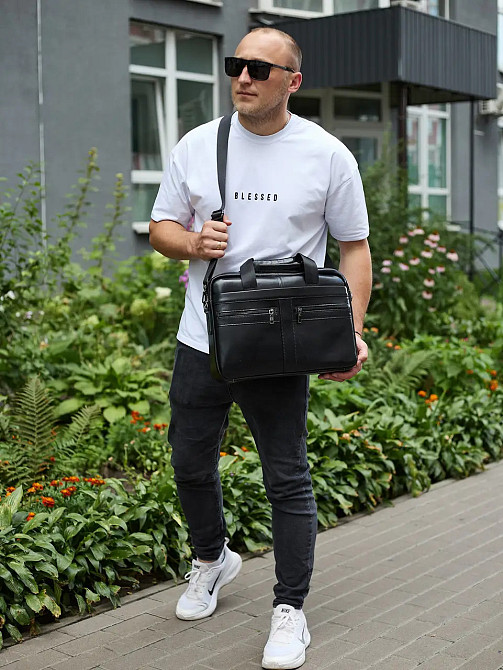Чоловіча шкіряна ділова сумка портфель для ноутбука і документів Tiding Bag чорна Київ - фото 9