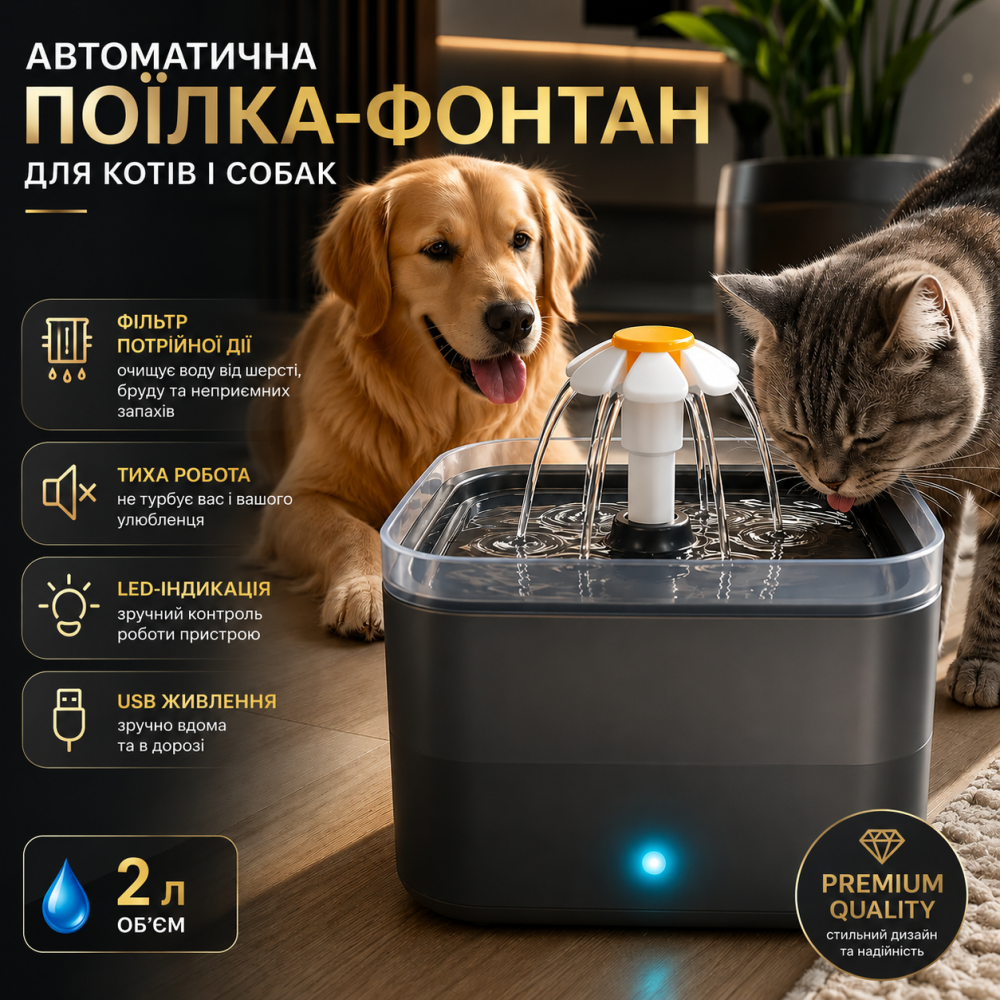 Питьевой фонтан для кошек и собак 2 л, USB, многоуровневая фильтрация, тихая помпа, LED индикация, серый Киев - изображение 15