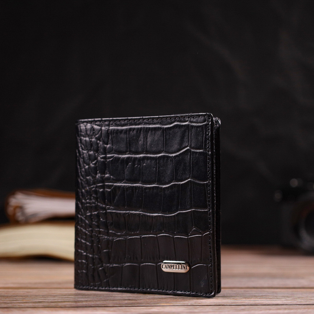 Небольшое кожаное портмоне для мужчин с тиснением под крокодила CANPELLINI 21738 Черное Киев - изображение 3