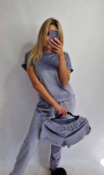 Піжама-комплект (футболка+шорти+штани) з плюшевого велюру Сірий S Харків - фото 4