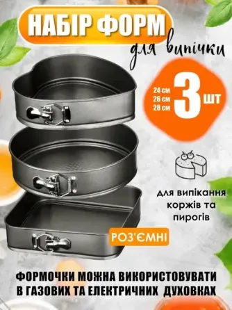 Набор разъемных форм для выпечки UNIQUE UN-1703 3в1 (24/26/28 см) круглая, квадратная, сердцевидная Киев
