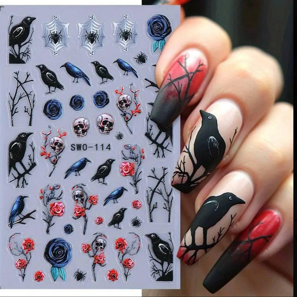 3D наклейки для нігтів з воронами та черепами – готичний дизайн Київ - фото 1