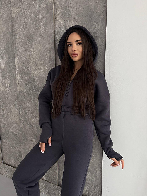 Женский теплый повседневный комбинезон с капюшоном трехнить на флисе Графит, 42/46 Одесса - изображение 5