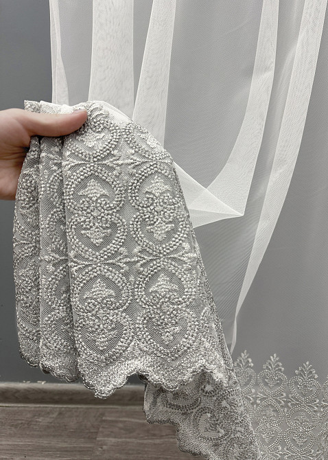Тюль VR-Textil 1632т Грек-сітка з вишивкою та люрексом колір Молочний з сірим 300х270 см (42-0592) Київ - фото 4
