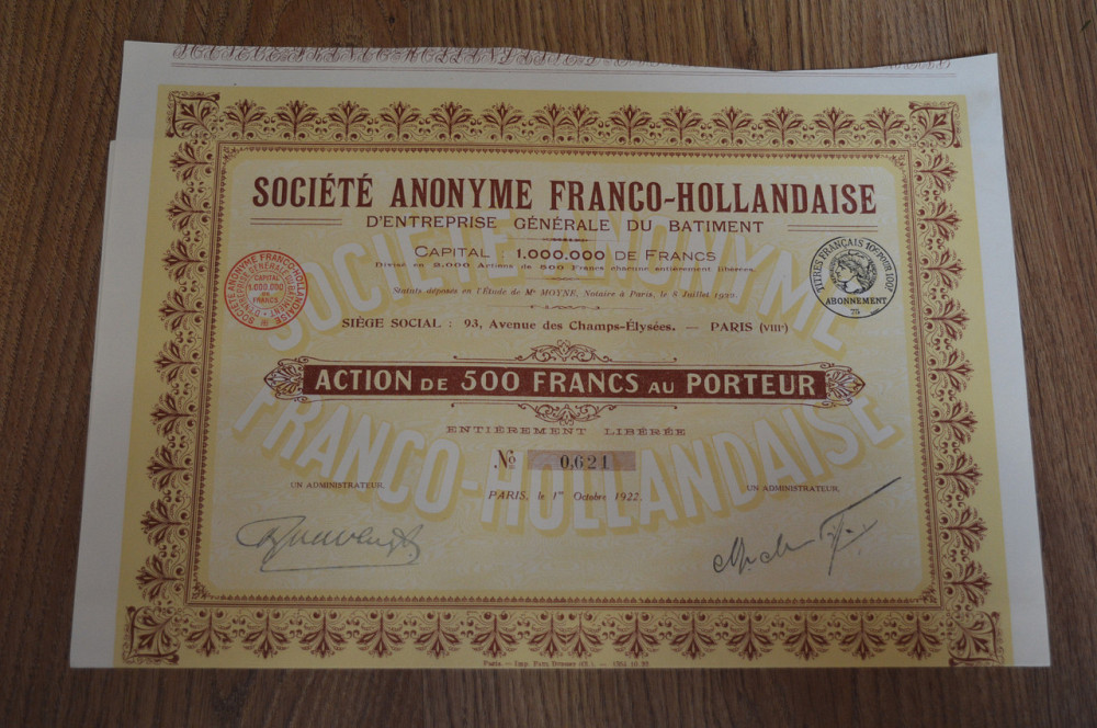 Акція. SOCIETE ANONYME FRANCO-HOLLANDAISE . 1922 рік №0.621 (55) Полтава - фото 1