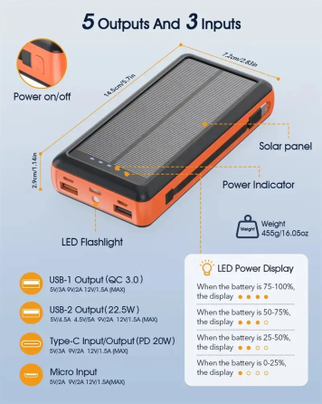 Зарядное устройство на солнечных батареях Powerbank 619S 20000mAh с фонариком и быстрой зарядкой Винница