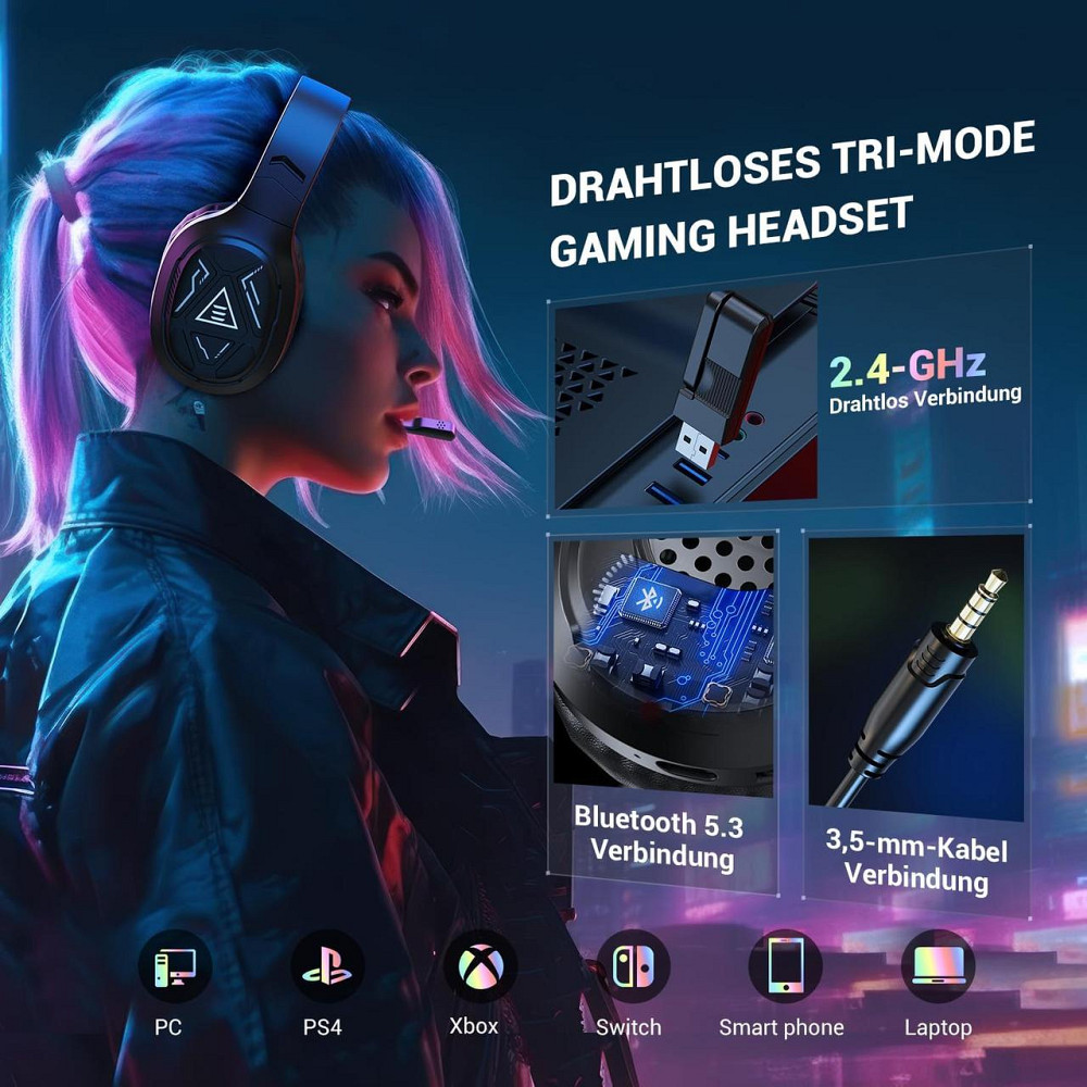 Беспроводная игровая гарнитура Bluetooth 2,4 ГГц, 3,5 мм наушники накладные полноразмерные для PC PS4 PS5 Mac Киев - изображение 2