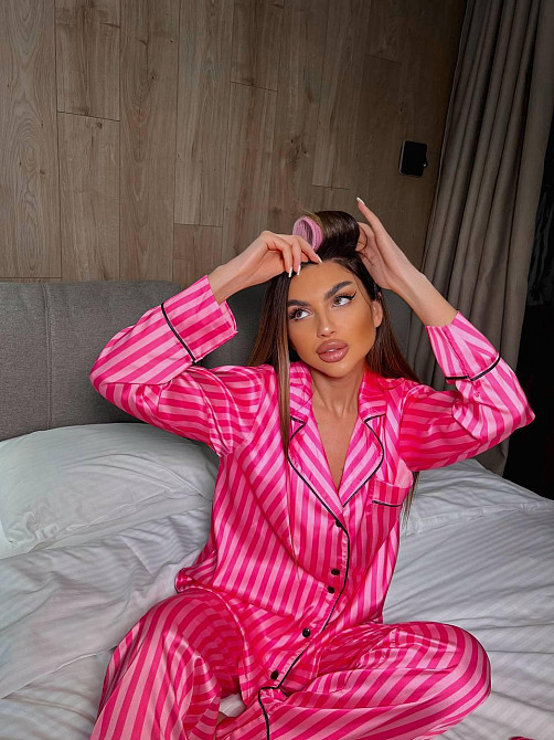 Женская шелковая пижама двойка в полоску Малиновый, 44/46 Одесса - изображение 2