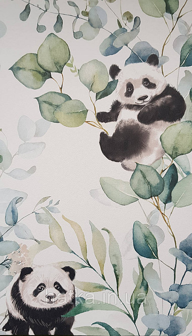 Шпалери флізелінові еко Rasch Kids World 0.53х10 дитячі ведмедики панда зелені листя гілки на білому Київ - фото 3