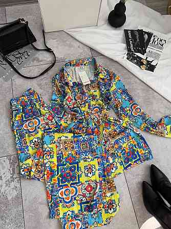 Женский легкий принтованный костюм двойка турецкий шелк Желтый, 46/48 Одесса