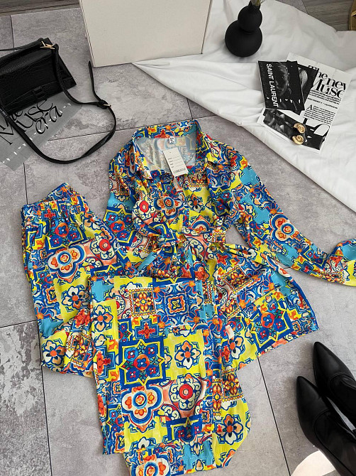 Женский легкий принтованный костюм двойка турецкий шелк Желтый, 46/48 Одесса - изображение 2