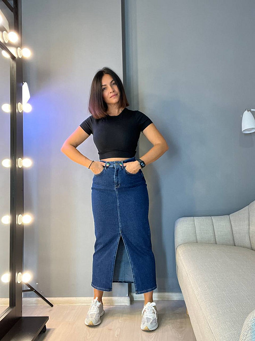 Спідниця жіноча Zeo Basic 3805 джинсова розріз з попереду довга стрейчева синій, синій, 34 Київ - фото 16