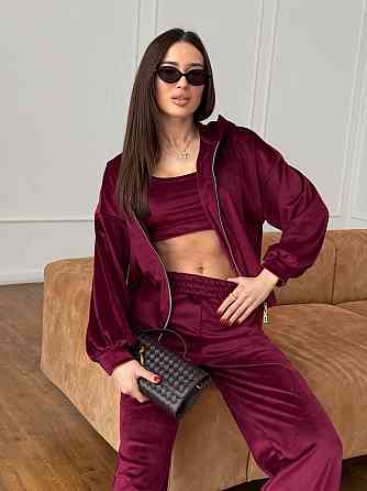 Женский повседневный костюм тройка: кофта, топ и брюки велюр Бордовый, 48/52 Одесса
