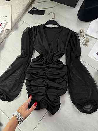 Женское драпированное черное мини платье микродайвинг + сетка 46/48 Одесса