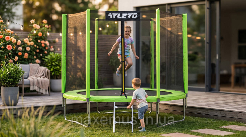 Батут детский с защитной сеткой и лестницей Atleto 312 см (10 ft) Зеленый до 150 кг для дачи и дома Мостиска - изображение 8