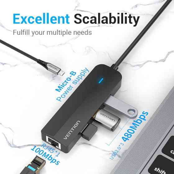 Хаб адаптер перехідник Vention USB-C - USB 3.0*3 / RJ45 / Micro-B HUB 0.15M Black ABS Type TGPBB Одеса