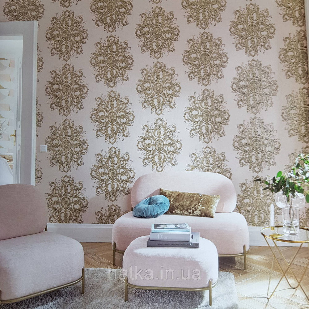 Шпалери метрові вінілові на флізелін дизайнерські Erismann Elle вензелі золотисті структурних на рожевому Київ - фото 1
