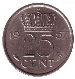 Монета 25 центов. 1957 год, Нидерланды. Полтава