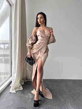 Женское роскошное вечернее платье со шлейфом и съемными рукавами из королевского атласа Бежевый, M Одесса