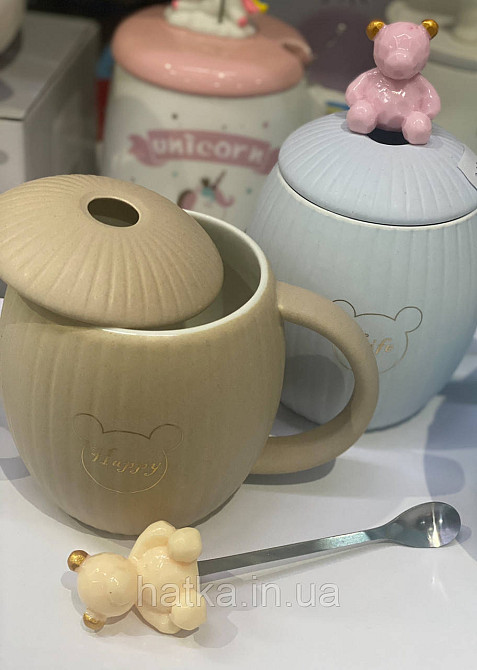 Кухоль чашка кераміка з кришкою і ложкою Olens "Їжачок" 400 мл білий з їжачком Київ - фото 2