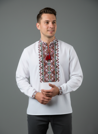 Чоловіча вишиванка з домотканого полотна Червоний орнамент Київ