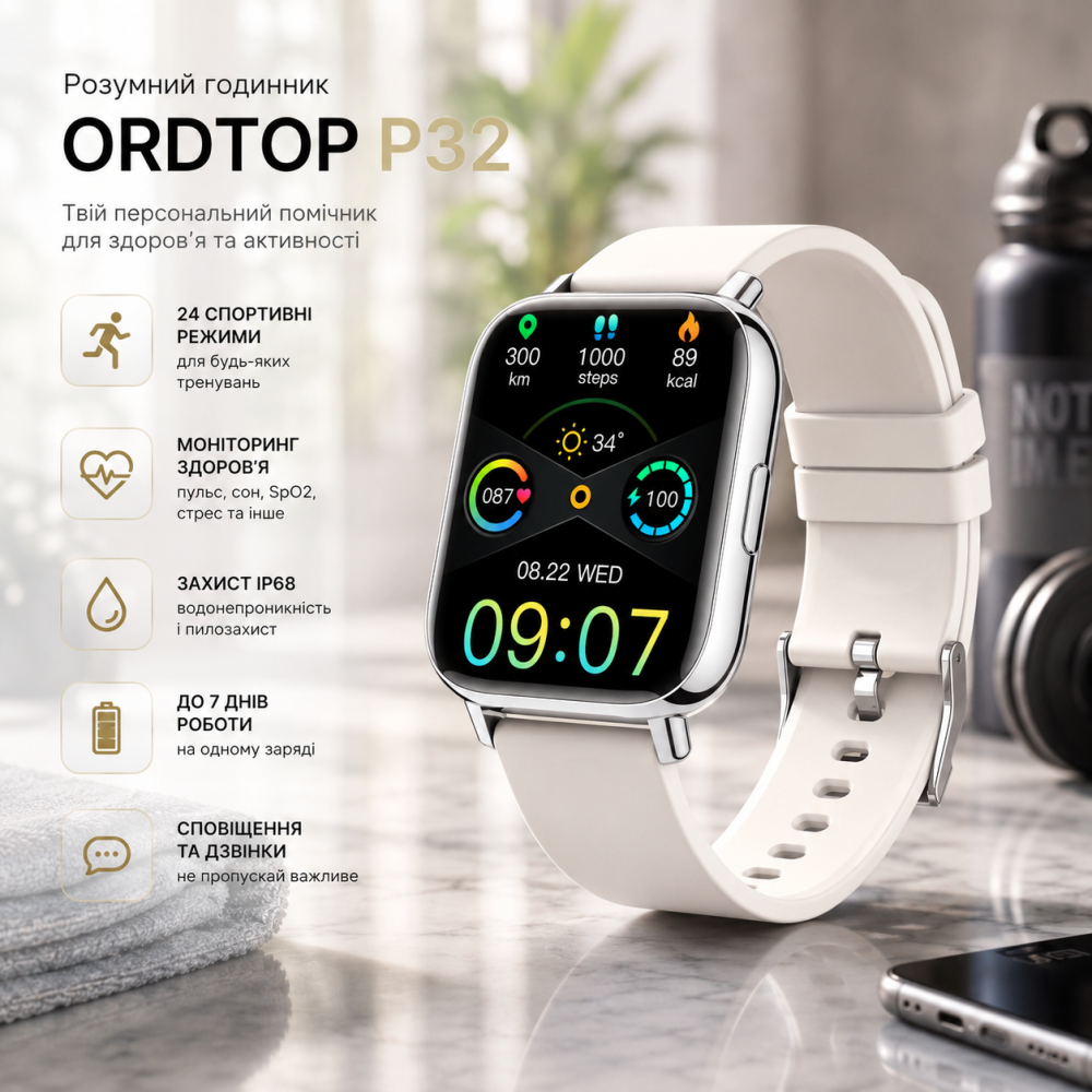 Розумний годинник Ordtop P32 (білий): 1.69" сенсорний екран, 24 спортивні режими, моніторинг здоров’я та захист IP68 Київ - фото 7