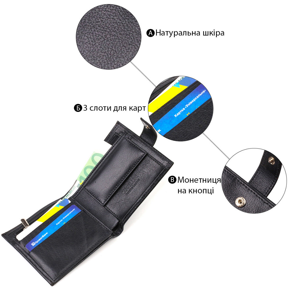Удобный мужской кошелек из натуральной гладкой кожи Черный (CANPELLINI) Киев - изображение 8