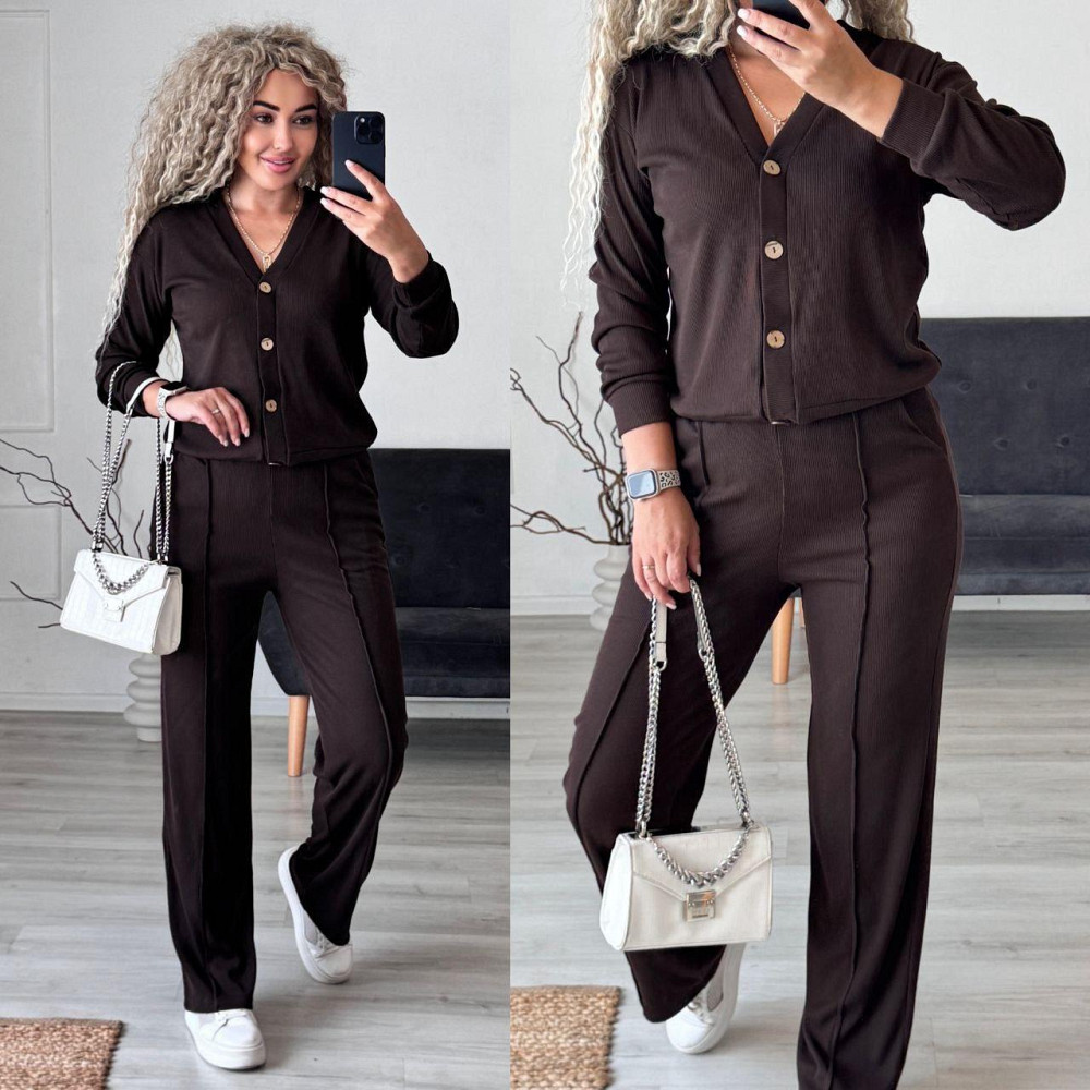 Жіночий стильний повсякденний костюм-двійка: кардиган на ґудзиках + штани трикотажний рубчик Шоколад, 52/54 Одеса - фото 8